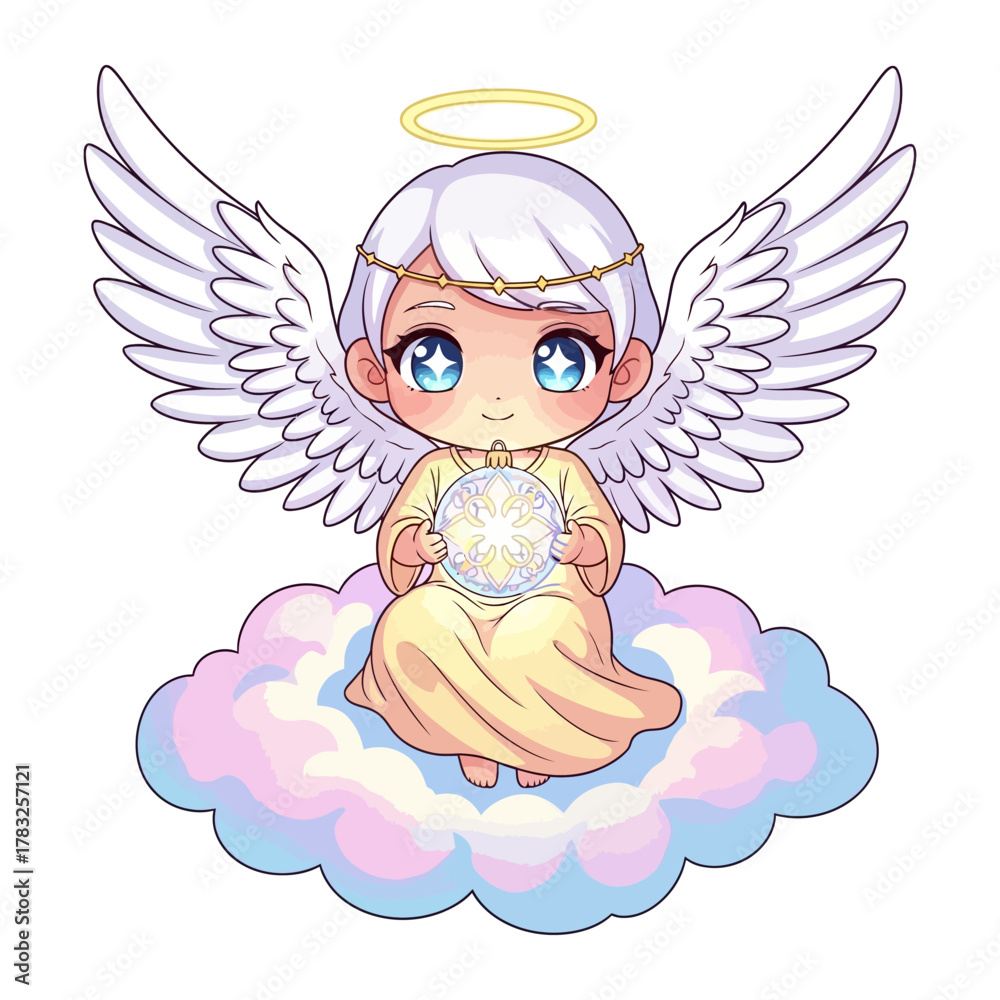 Fototapeta premium Guardian Angel: A serene angel, radiating purity and grace, is gracefully seated upon a vibrant cloud. This artistic portrayal captures the essence of divine presence and comfort.
