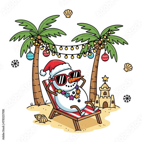 Festive Beach Getaway: A cheerful snowman, adorned in a Santa hat and sunglasses, lounges on a beach chair under tropical palm trees, bringing a unique twist to holiday cheer.