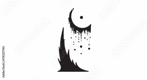 Abstract ink splatters form a mystical crescent moon and sharp, dark silhouette.