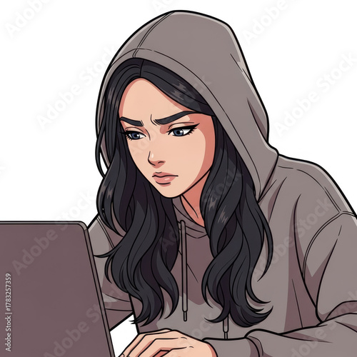 Young woman in a hoodie using a laptop isolated on transparent background