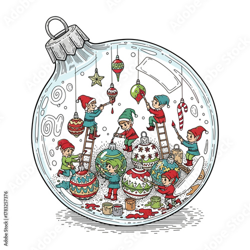 Ornament of Holiday Cheer: Inside a giant glass ornament, elfish figures busily adorn holiday decorations with festive colors, bringing the spirit of the season to life with whimsical charm.