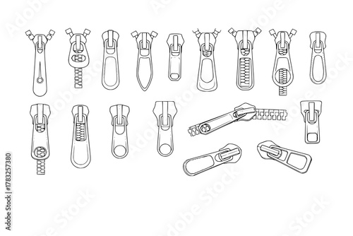 zipper pullers vector illustration zip heads, zipper sliders flat sketch
