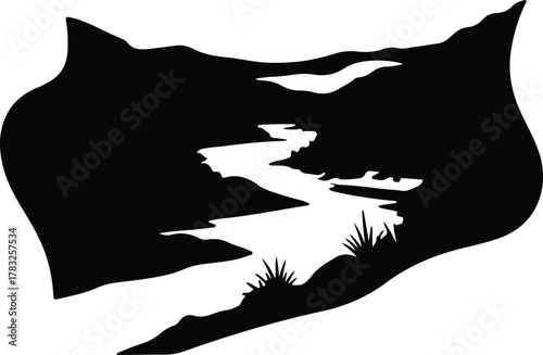 Illustrator Mountain river landscape nature black and white Silhouette vector
