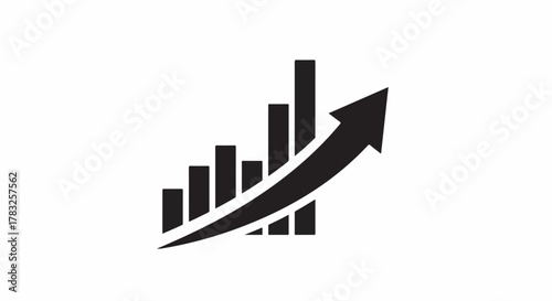Black bar graph with upward trending arrow symbolizing growth and progress