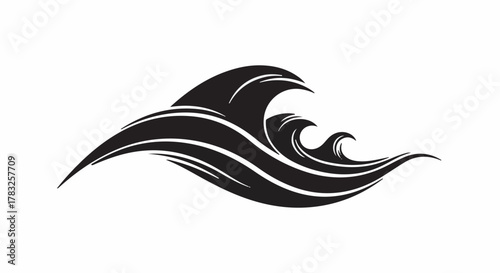 Stylized black ink illustration of powerful ocean waves breaking