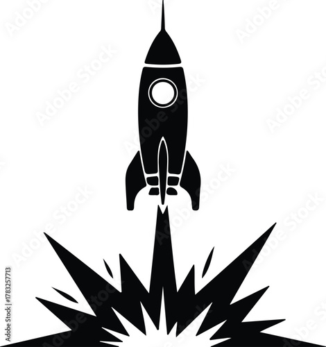 Illustrator Rocket launch with explosion black and white Silhouette vector