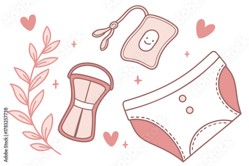 Feminine hygiene products in a cute minimalist style vector illustration for feminine care menstruation and personal hygiene concepts