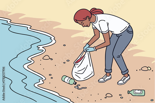 Woman cleaning up trash on the beach collecting garbage in a bag vector illustration for environmental awareness and coastal cleanup projects