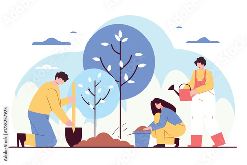 Group of people planting a tree volunteering together for environmental protection flat vector illustration isolated on white background