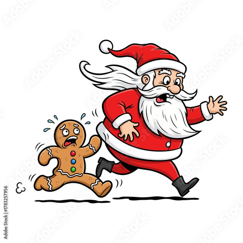 Santa Chasing Gingerbread: A playful illustration of a comical Christmas chase scene, featuring a jolly Santa Claus enthusiastically pursuing a scared gingerbread man.