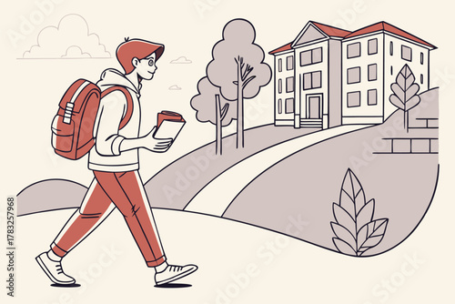 Illustration of a student walking to school with a backpack and books vector design for education and back to school concepts