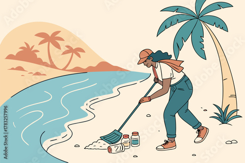 Woman cleaning up trash on a tropical beach environmental cleanup illustration volunteering for a cleaner environment