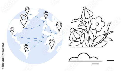 Globe with location pins connected by dotted lines symbolizing global linkages. Next to it are blooming flowers and clouds, representing nature. Ideal for sustainability, connection, globalism