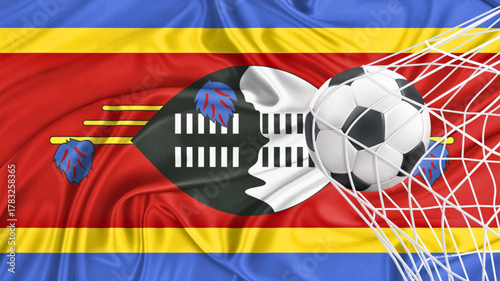 Football ball with the national flag of eswatini . Flag of eswatini . Horizontal Realistic waving flag of State of eswatini. Fabric textured flowing flag of eswatini.