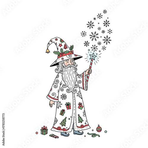 Whimsical Holiday Wizard: A cheerful illustration of a jovial wizard conjuring holiday cheer, complete with a festive hat, a long flowing beard, and a wand that sparks snowflakes.