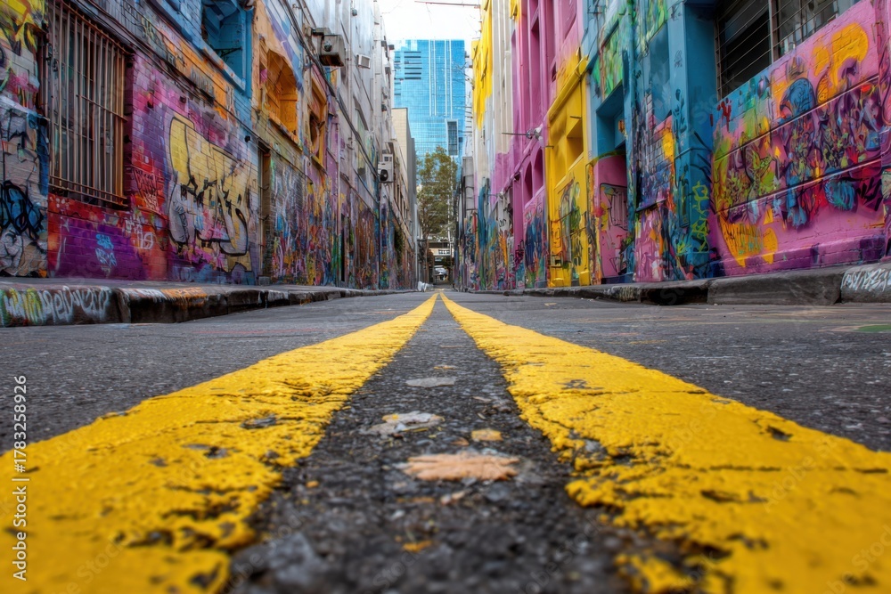 Fototapeta premium Vibrant street art alley filled with colorful graffiti showcases urban creativity in a lively city setting