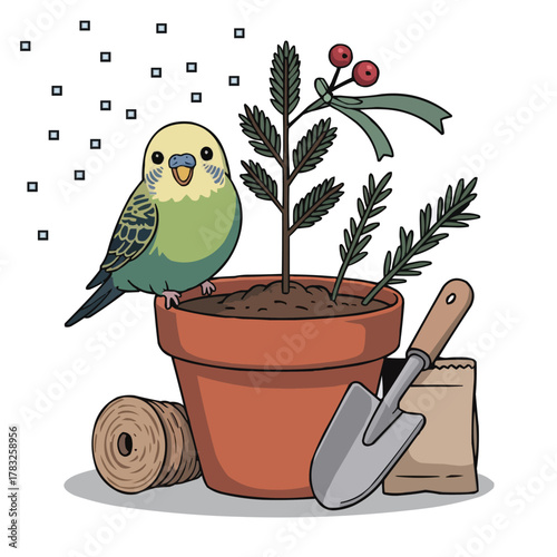 Budgie Gardening Pot with Winter Sprig, Cute Christmas Vector Illustration