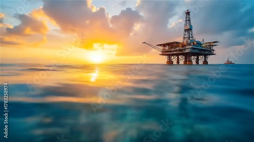 Beautiful sunset over offshore oil rig with calm ocean waters in the background