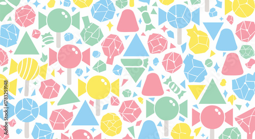 Cute pastel candies geometric shapes seamless pattern vector illustration flat design sweet candy background playful kids abstract minimal