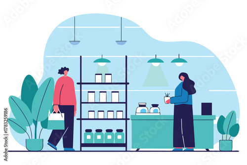 People shopping in a modern pharmacy buying medicine and healthcare products vector illustration