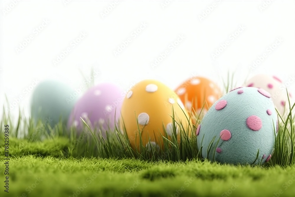 Fototapeta premium A collection of 6 painted easter eggs celebrating a Happy Easter with green grass and blurred green grass foreground and isolated against a white background template.