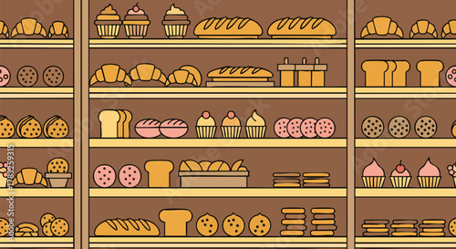 Delicious bakery shop shelves seamless pattern baked goods vector illustration flat design bread pastry dessert food cafe croissant cupcake cookie loaf
