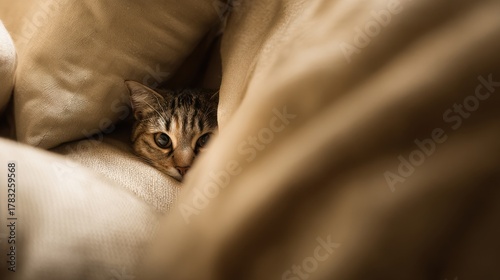 A playful cat hiding among the beige pillows, its tail peeking out. Soft, natural light. Clear focus on the cat, wide-angle background.