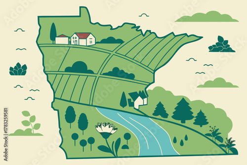 “Midwest travel map with farmland and lake icons, soft vector”