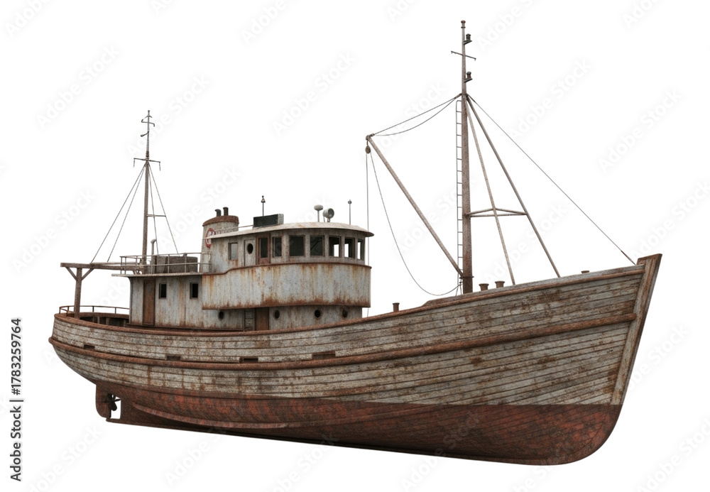 Naklejka premium Old fishing trawler ship transparent background cutout png