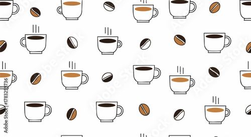Modern seamless pattern of coffee cups and beans vector illustration flat design background caffeine beverage cafe espresso latte mug hot morning