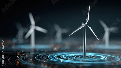 Rendered windmills stand on a futuristic surface with glowing lines, a dark background