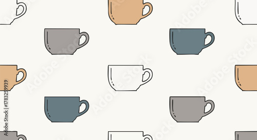 Stylish coffee cups seamless pattern background neutral colors vector illustration flat design drink beverage cafe kitchen modern texture