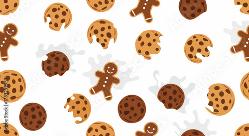 Cookies and gingerbread men splashing into milk seamless pattern vector illustration flat design food dessert sweet bakery playful background graphic