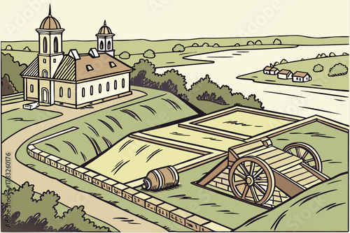 “Vicksburg Mississippi with battlefield and river, heritage vector”
