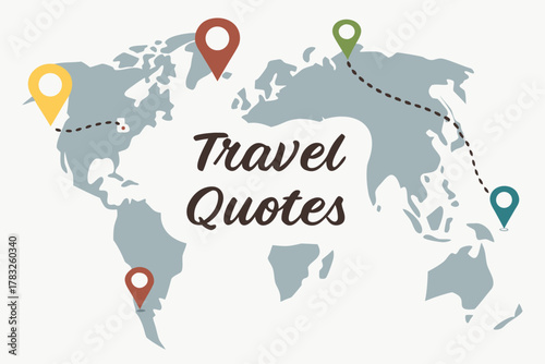 “Interactive-style map with pins and travel quotes, modern vector”
