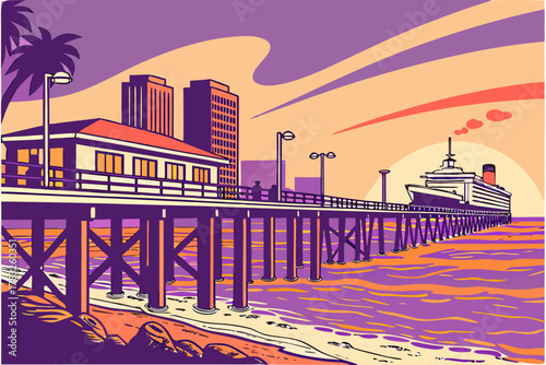 “Long Beach California pier and skyline, sunset vector”