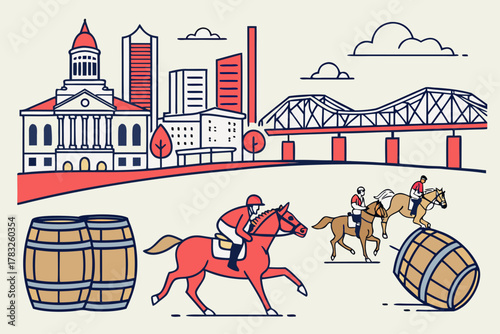 “Louisville riverfront with horse racing and bourbon icons, heritage vector”