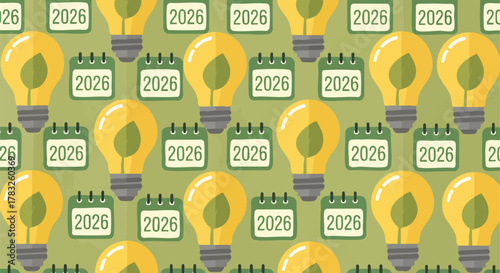 Green energy future planning calendar 2026 seamless pattern sustainable lightbulb ecology date future vector illustration flat design