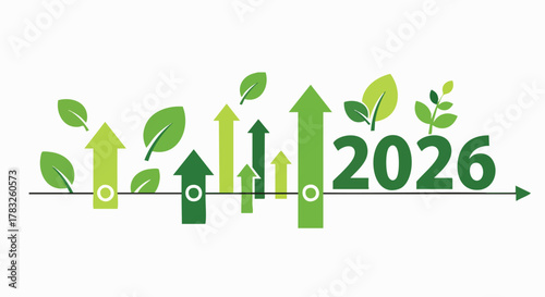 Green arrows and leaves show environmental growth towards 2026 vector illustration flat design future target success sustainability nature progress data report