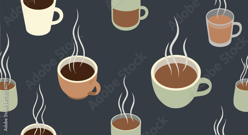 Seamless pattern hot coffee cups with steam vector illustration flat design background isometric digital art cafe menu