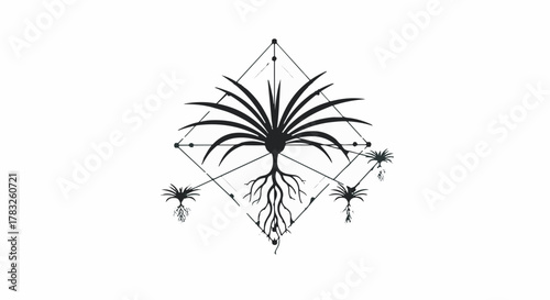Abstract geometric design featuring a stylized plant with intricate roots, symbolizing growth and nature