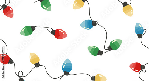 Whimsical digital illustration of a string of glowing holiday lights, slightly imperfect and organic shapes, watercolor texture glow, festive colors, scattered randomly, on a transparent background 