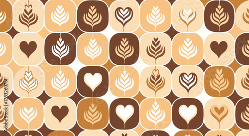 Warm coffee latte art seamless pattern flat design vector illustration caffeine beverage wallpaper texture decoration background graphic