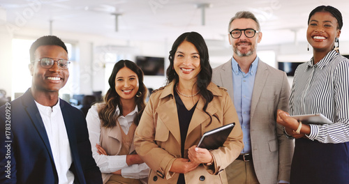 Portrait, legal team and tech with smile, confidence and management for group of business people in office. Collaboration, about us and lawyer with law firm, employees and agency for advocate support