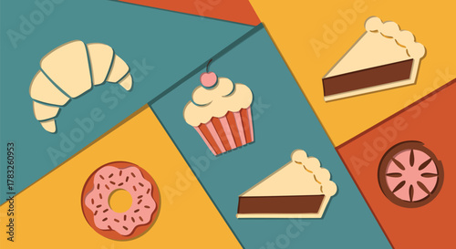 Delicious bakery desserts sweet treats flat paper cut style vector illustration pastry food cupcake pie donut croissant graphic cafe menu sweet snack