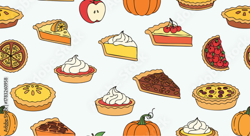 Delicious autumn dessert pies and tarts seamless pattern vector illustration flat design bakery sweet thanksgiving fall food pastry holiday