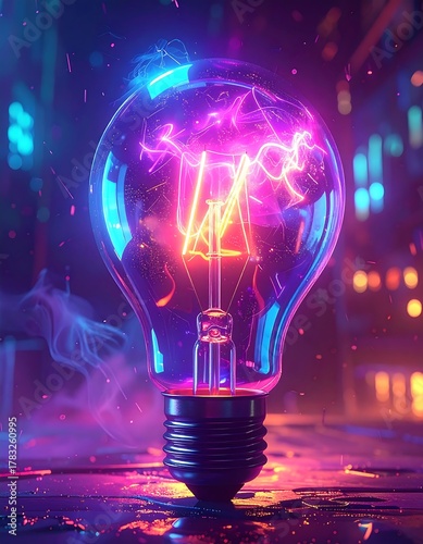 A luminous, glowing lightbulb is the focal point, with vibrant neon-like internal energy and an urban cityscape backdrop