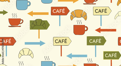 Seamless pattern with coffee café signs croissants and arrows vector illustration flat design background food beverage breakfast