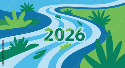Winding river landscape with lush green plants nature environment 2026 future ecology sustainability water vector illustration flat design
