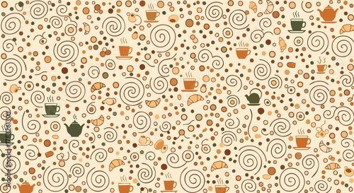 Seamless coffee tea pattern warm colors dots swirls croissants cafe beverage breakfast bakery vector illustration flat design wallpaper background texture